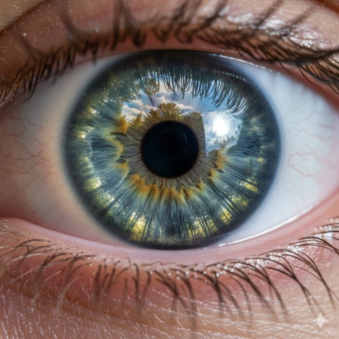Healthy human eye reflecting nature — symbolizing the connection between eye health and overall wellness.
