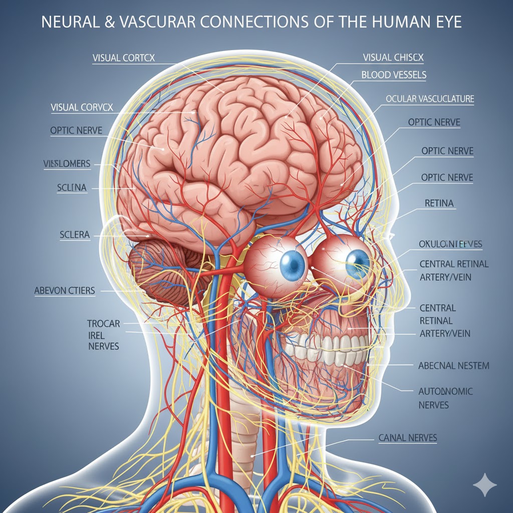 Diagram showing how the eye connects to the brain and body systems.