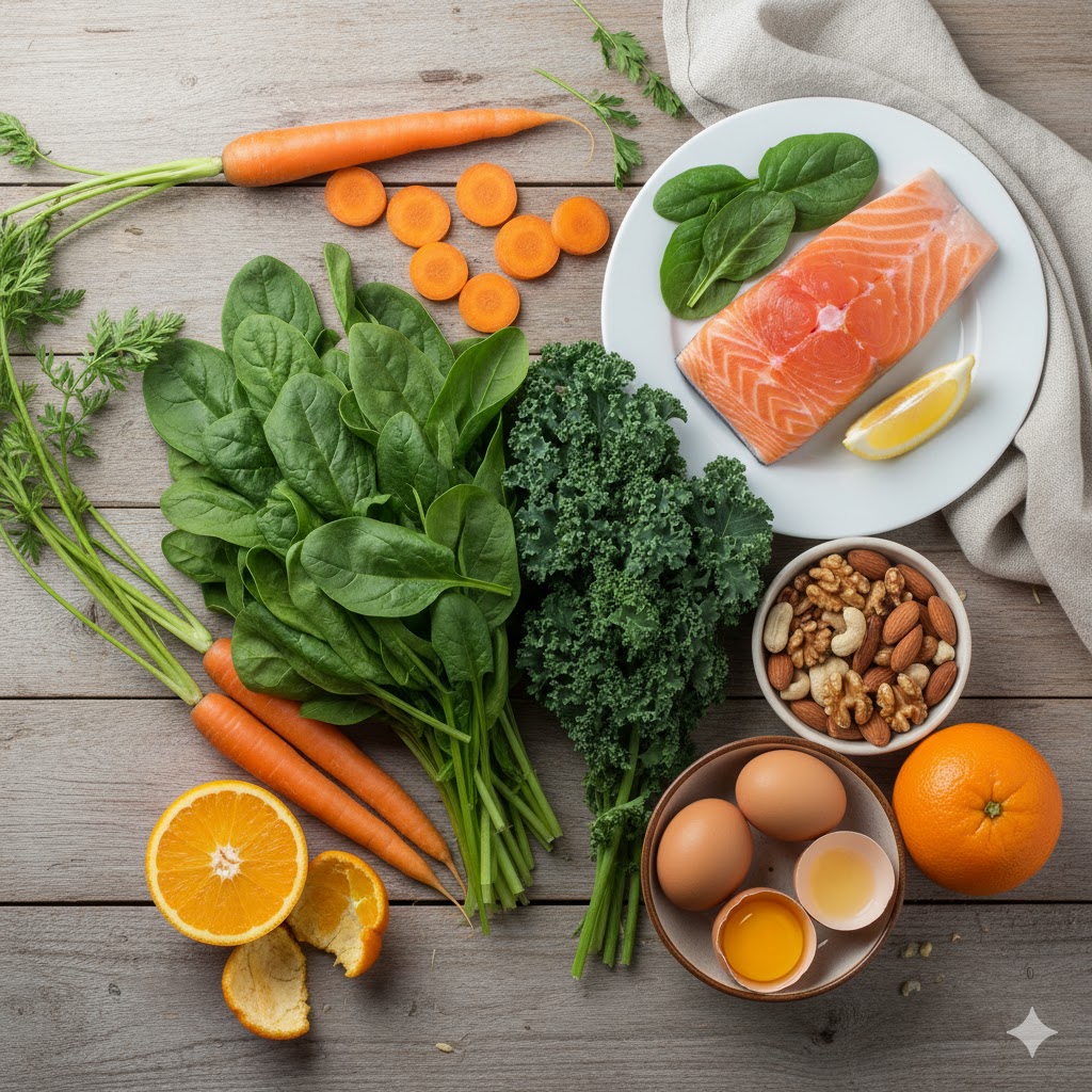 Healthy foods rich in vitamins and antioxidants that support eye and overall health.