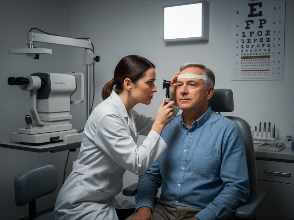 Optometrist performing an eye exam to check for early signs of health issues.