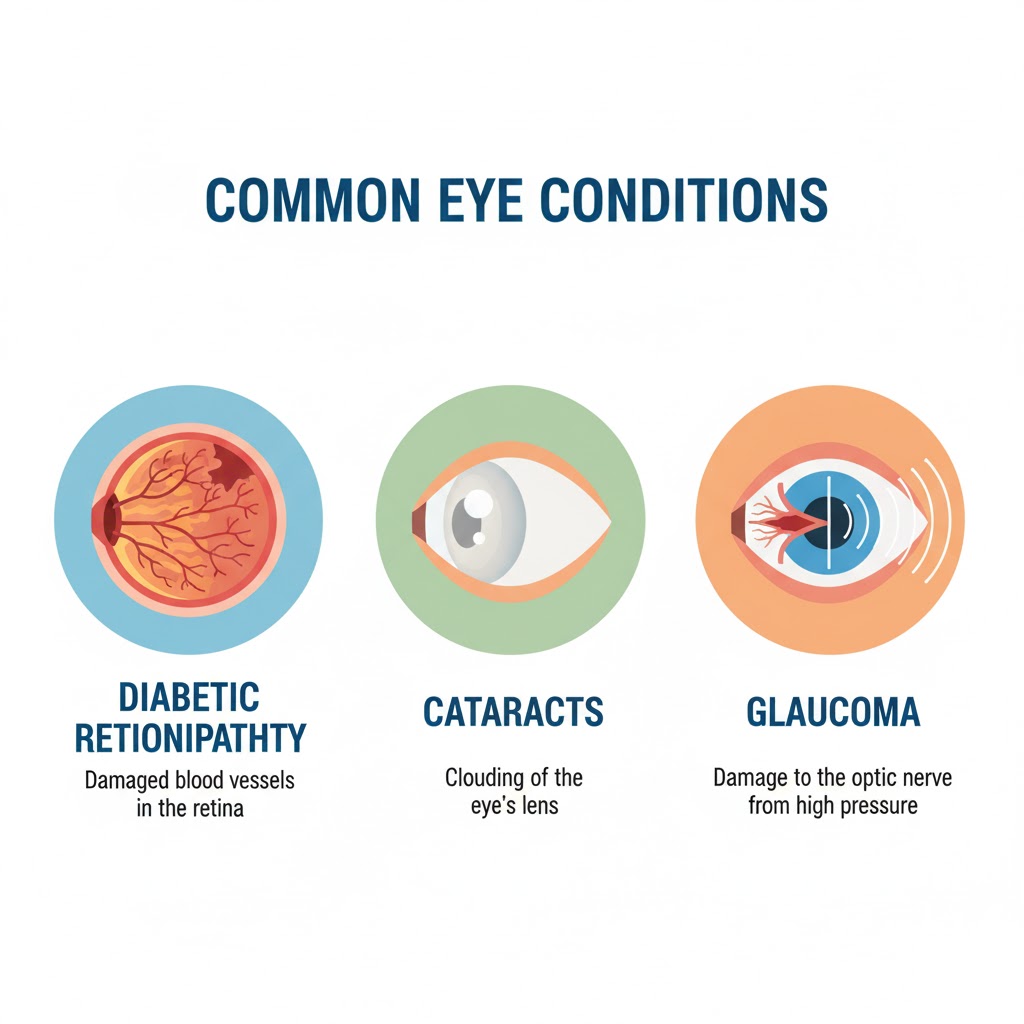 Infographic showing common diabetic eye diseases such as retinopathy and glaucoma