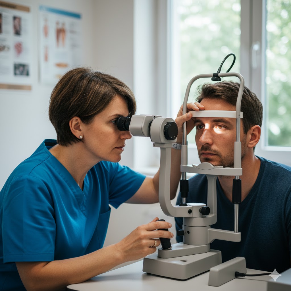Optometrist conducting a diabetic eye exam for early detection